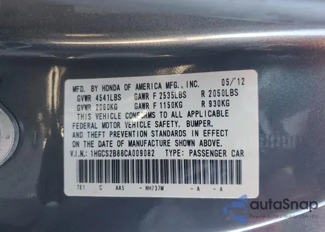 2012 Honda Accord Exl z USA, uszkodzony, nr VIN 1HGCS2B88CA009082